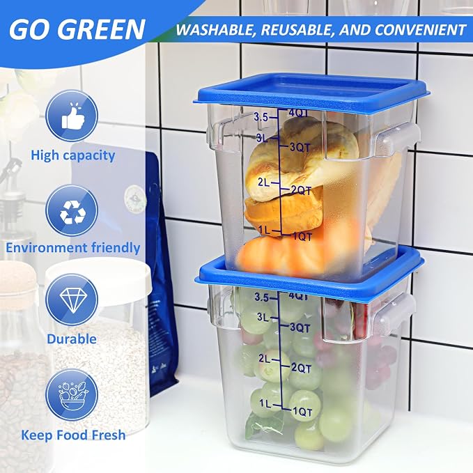 Yungyan 12 Pcs 4 Qt Commercial Food Storage Containers with Lids Restaurant Square Airtight Food Storage Containers Clear Cereal Containers for Kitchen Freezer Dishwasher Pantry(Blue Lid) - Image 4