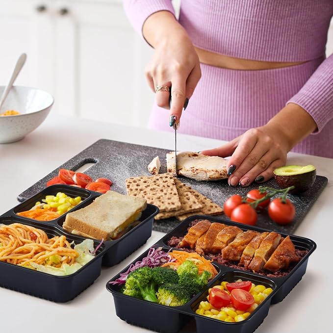 Glotoch 3-Compartment Meal Prep Containers with Lids, 34 oz, 50 Pack | Reusable BPA-Free To Go Food Containers, Leakproof and Durable, Microwave, Freezer and Dishwasher Safe, for Entrees, Sides - Image 2