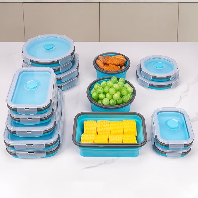 Collapsible Food Storage Containers with Lid & Air Vent, 16 Pack, 8 Rectangular + 8 Round, Foldable Silicone Lunch Containers Collapsible Bowls Set, Microwave Freezer Dishwasher Safe, Blue - Image 7