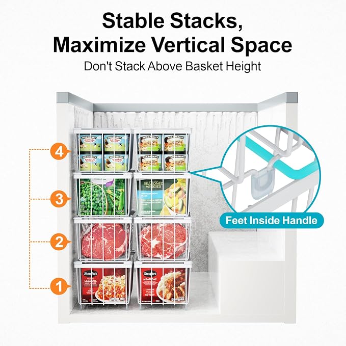 Chest Freezer Organizer Bins - Small Baskets for 7 Cu.Ft, 6 Pack | Easy Access Handles, Stackable Deep Freezer Wire Baskets, Vertical Space Sorts for Frozen Meat, Vegetable and Bagged Items - Image 6