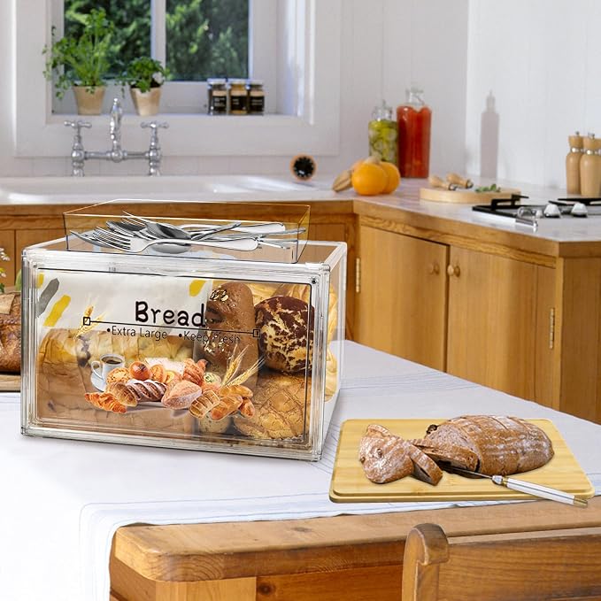 RISICULIS Large Bread Box for Kitchen Countertop, Bread Storage Container, and Utensil Organizer with Bamboo Cutting Board Lid, Clear Bin, Keeper for Homemade Bagel, Muffins, Rolls - Image 6