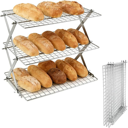 3 Tier Collapsible Cooling Rack Sourdough Cooling Rack 17"x10" | Cooling Racks for Cooking and Baking, Roasting, Grilling, Adjustable 6 Setting Design stackable, Oven & Dishwasher Safe by JINANJUNGU