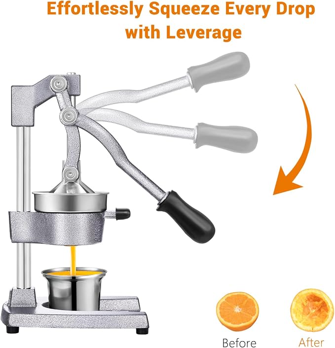 TONGCHANT Cast Iron Manual Juicer for Orange Lemon Lime Pomegranate &Citrus | Heavy Duty Orange Juicer Squeezer, Hand Press Juicer, Citrus Press, Stainless Steel Cup, Easy to Clean, Silver - Image 5