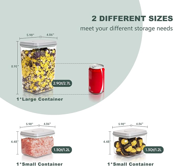 Pop Top Airtight Food Storage Containers, 3 Pack, 1.3Qt x2 + 2.9Qt | Clear Stackable Pantry Jars with One-Touch Lids, Measurement Marks and BPA-Free AS for Cereal, Sugar, Nuts and Dry Goods - Image 4