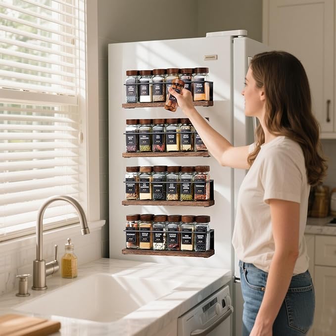 Wooden Lid Magnetic Spice Rack with 24 Jars, 216 Labels, 1 Steel Funnel for Refrigerator，Microwave Oven - Full Set of Spice Organizer - Image 6