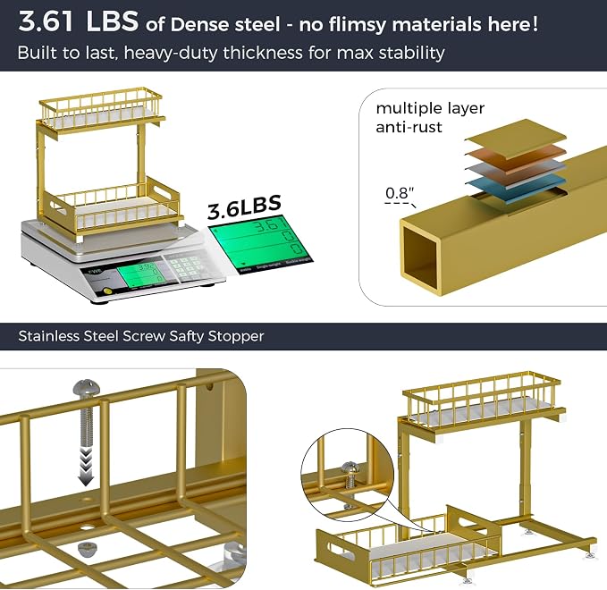 L-Shaped Under Sink Organizer, 2-Tier Pull-out Cabinet Rack 1-Pack | Gold Height-Adjustable Metal Rack, Sliding Grid Drawers with Safety Stopper, Holds 100 Lbs, Ideal Kitchen Cabinet Storage - Image 4