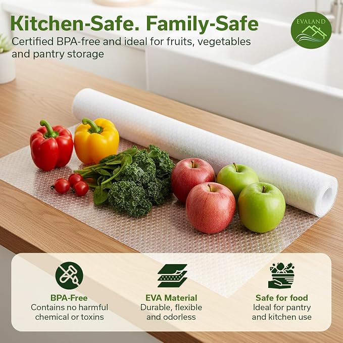 EVALAND Shelf Liner Cabinet Liner Non-Adhesive Drawer Liner 12 in x 33 FT | Non-Slip, Washable, Waterproof, Fridge Liners, Contact Paper, Shelf Liners for Cabinets, Kitchen, Refrigerator, Clear - Image 7