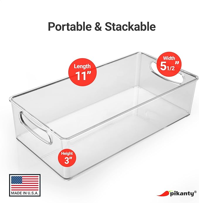Pikanty Clear Refrigerator Organizer Bin with Handles — 11 Inch Compact Stackable Fridge and Pantry Storage Container for Snacks, Yogurt, Condiments, Dishwasher Safe, Made in USA - Image 2