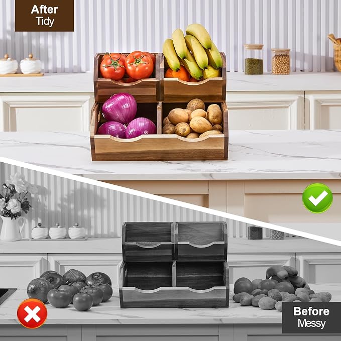 Acacia Wood Pantry Storage Bins, Stackable Storage Baskets Potato and Onion Storage Bins, Pantry Organizer Wooden Baskets Organization and Storage, Set 3 Pieces - Image 7