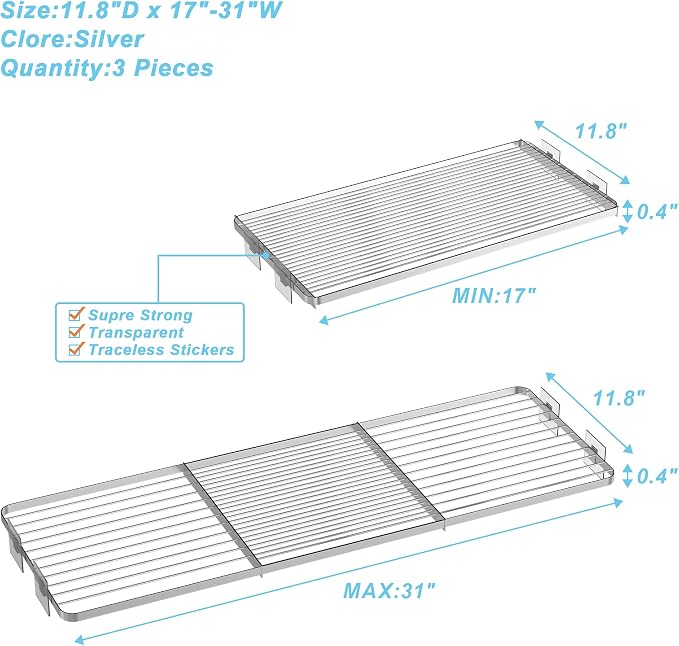 Expandable Closet Organizer Shelves, Adjustable Rod Metal Storage Shelves Divider for Wardrobe Cupboard Kitchen (Silver,11.8" D x 17"-31" W,3PCS) - Image 3