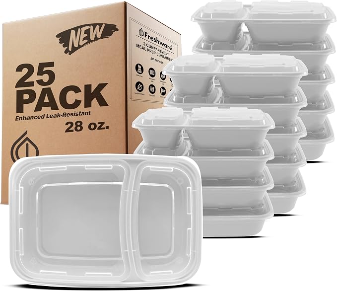 Freshware Meal Prep Containers with Lids 28 oz [25 Pack] 2-Compartment Food Storage Containers, Bento Box Lunch Containers, BPA Free, Airtight, Stackable, Reusable, Microwave/Dishwasher/Freezer Safe by Freshware