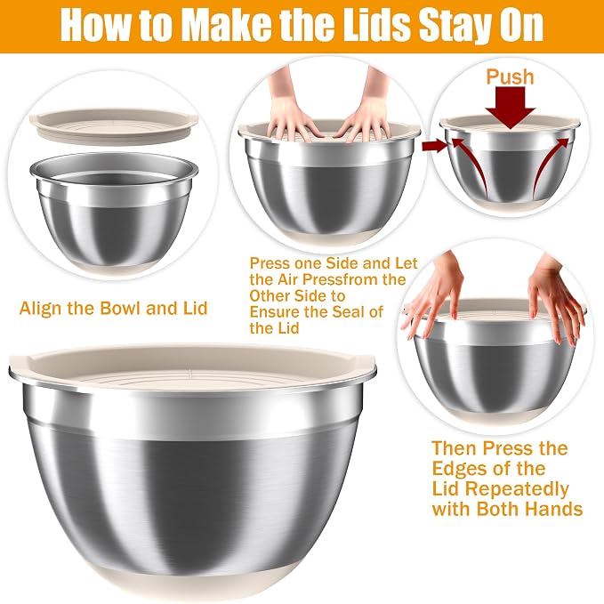 Mixing Bowls with Airtight Lids Set, 4 Stainless Steel Bowls Nesting Bowls & Colander, Kitchen Organizers and Storage Non-Slip Bottom, Size 1.5/2.0/2.5/4.5QT, Great for Mixing & Serving, Khaki - Image 6