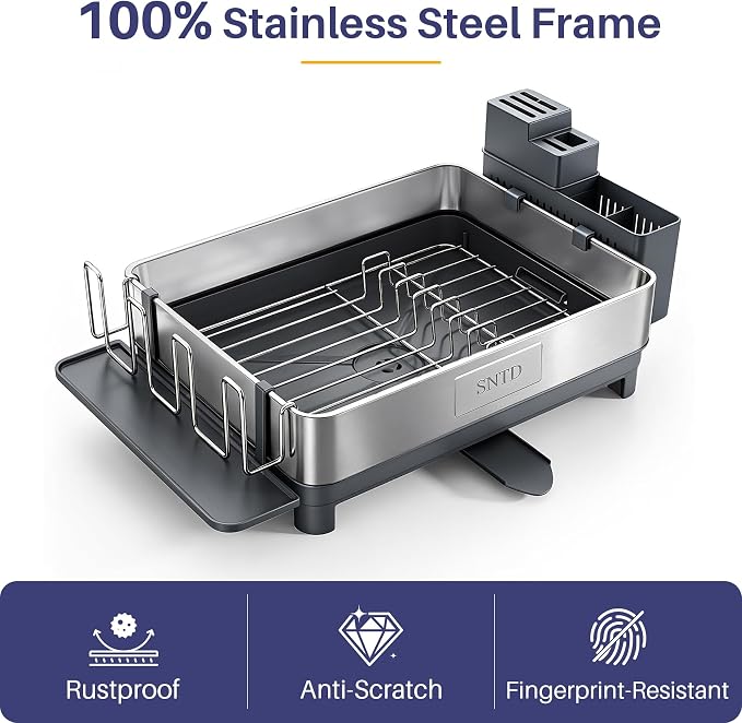 SNTD 304 Stainless Steel Dish Drying Rack for Small Kitchen Counter, Grey | Rustproof, Large Capacity, Heavy-Duty Frame, Rotating Spout, Angled Drainboard, Removable Cup & Utensil Holder - Image 6