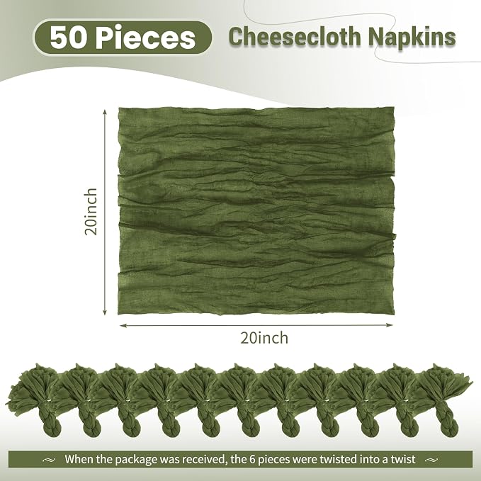 50 Pack Olive Green Napkins 20x20Inch Cheesecloth Napkins | Elegant Cloth Napkins for Table, Washable Rustic Boho Gauze Napkins, for Wedding Party Bridal Baby Shower Christmas Decor - Image 2