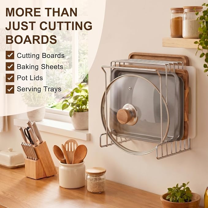 Geetery Wall Mount Cutting Board Rack 6-slot Metal Wire Polished Stainless Steel Cutting Board Organizer Holder for Commercial Kitchen Fits Baking Sheets and Pans Lids 9.5" x 7.4" x 10.5" - Image 6