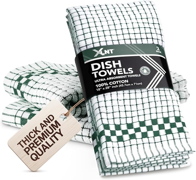 XLNT Highly Absorbent Kitchen Dish Towels 100% Cotton 18x28 inch – Ultra-Thick Dishcloths – Premium Weave for Drying & Cleaning – Soft, Durable & Lint-Free – Pack of 2 Green by XLNT