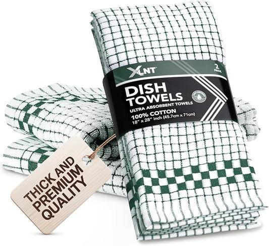 XLNT Highly Absorbent Kitchen Dish Towels 100% Cotton 18x28 inch – Ultra-Thick Dishcloths – Premium Weave for Drying & Cleaning – Soft, Durable & Lint-Free – Pack of 2 Green by XLNT