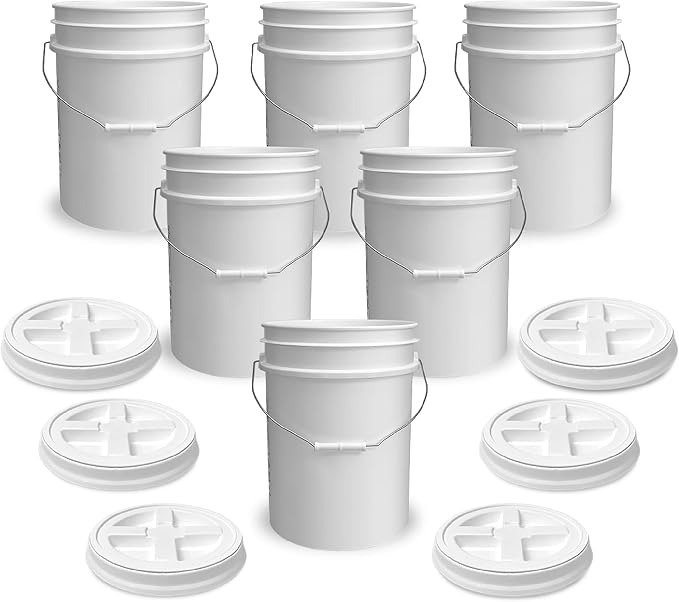 5 Gallon Bucket - Food Grade w/Lid BPA-Free, White/White, 6 | Airtight Gamma Seal Screw-On Lid, Heavy-Duty 90 Mil HDPE Plastic, Food Safe and Durable Container, Bulk Storage, Made in USA by ePackageSupply