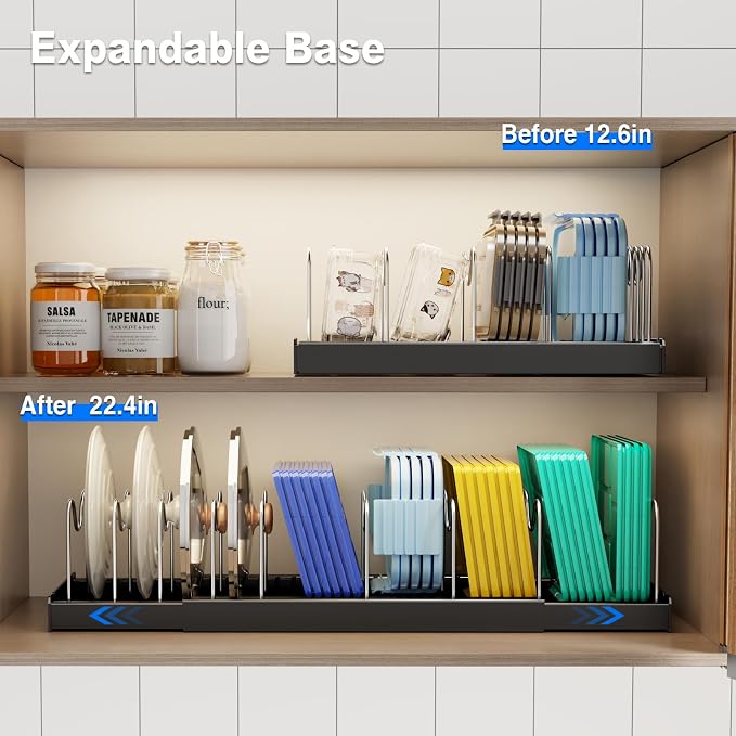 Mustorn 2 Pack Pots and Pans Organizer under Cabinet, 22" Expandable Food Storage Container Lid Organizer with 9 Adjustable Stainless Steel Dividers, ABS Base, Countertop Rack, Black - Image 4