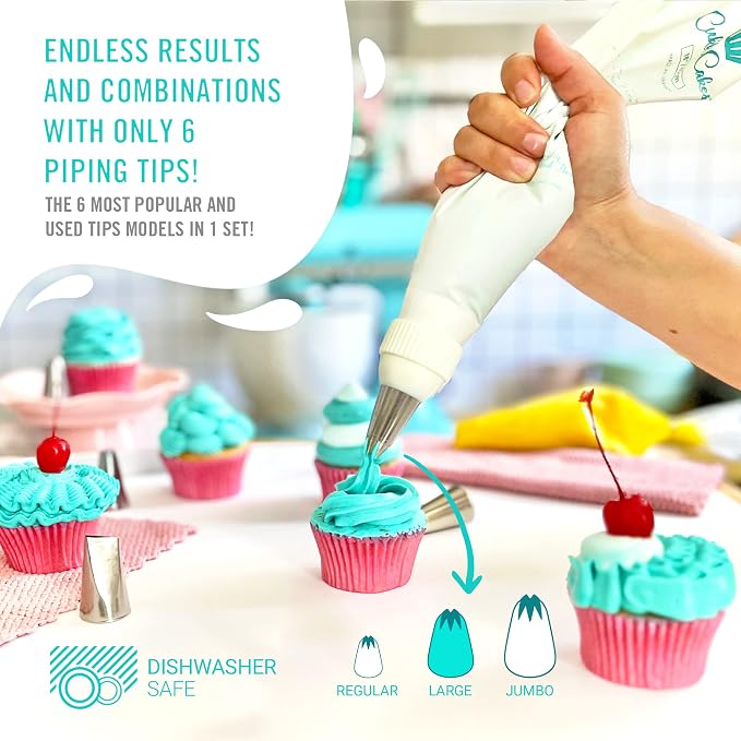 Professional Icing Tips Set (9pcs): Reusable Pastry Bag + 6 Large Piping Tips (1M, 2D, 4B, 1A, 124, 895), for Decorating Cupcakes, Cakes & Churros - Piping Nozzles Kit Made in Korea & Japan - Image 2