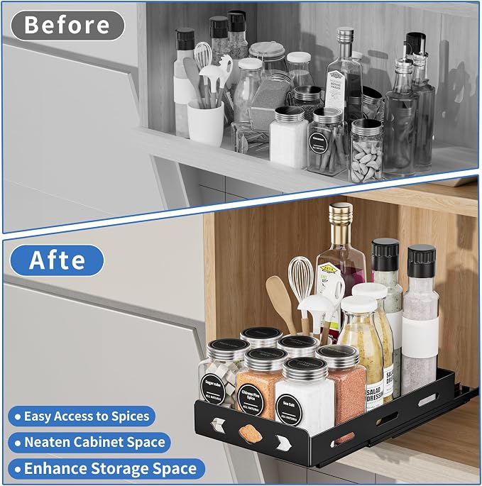 BOIVSHI Pull Out Spice Rack Organizer for Cabinet, Heavy Duty - Sliding Spice Rack, Vertical Spice Rack for Kitchen, Cabinet, Cupboard, Pantry (6.3''Wx10.5''Dx2.8''H, Metal Black) - Image 6
