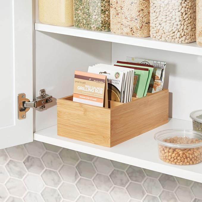 mDesign Bamboo Wood Compact Food Storage Organizer Bin Box - 4 Divided Sections - Holder for Seasoning Packets, Pouches, Soups, Spices, Snacks - Natural - Image 3