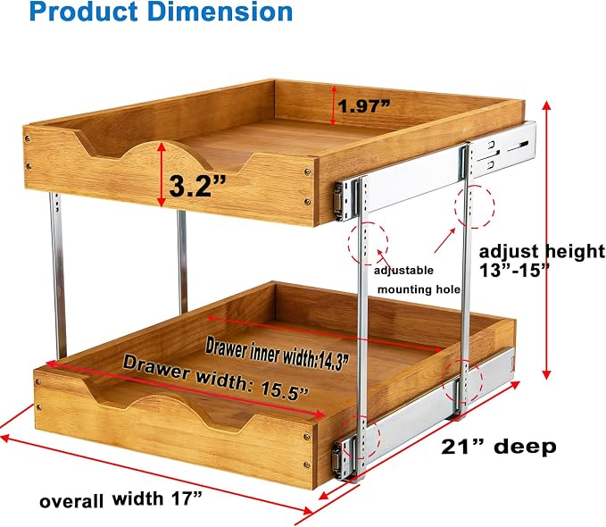 DINDON 2 Tier Pull Out Cabinet Organizer (17" W x 21" D) Wood And Metal Double Tier Slide Out Wood Drawer Under Cabinet Storage And Organization - Image 2