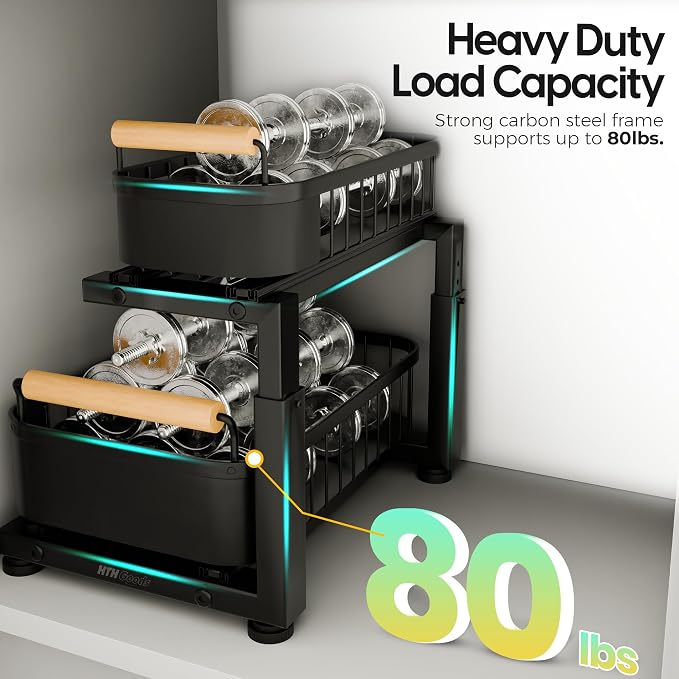 Premium Large Under Sink Organizer, 2-Tier Pull Out, Adjustable | Heavy-duty carbon steel, 7 adjustable heights and smooth ball-bearing sliding baskets for kitchen and bathroom cabinets - Image 4