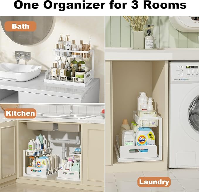Under Sink Organizer, L-Shaped 2 Tier Pull Out Cabinet Organizer | Slide Out Under Cabinet Storage, For Kitchen and Bathroom, Metal Under Sink Storage with Sliding Drawer, 50 lbs, White 2 Pack - Image 3