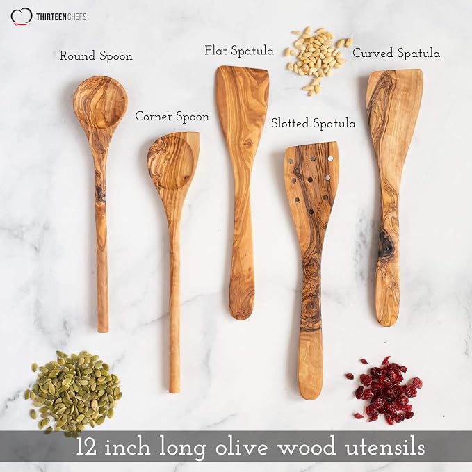 Tramanto Olive Wood Utensil Set - 5 Piece Spatula and Spoon Wooden Cooking Tools, 12 Inch Long, Rustic Hand Made with Gift Box - Image 2