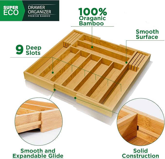 Bamboo Kitchen Drawer Organizer - Bamboo Expandable Drawer Organizer Utensil Holder & Cutlery Tray - Adjustable Wood Drawer Dividers Organizer for Silverware, Flatware, Knives (9 Slot) - Image 2