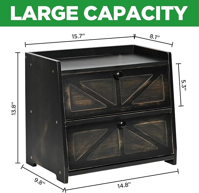 Bamboo Corner Bread Box for Kitchen Countertop 2-Tier Black | Farmhouse Bread Storage Container, Large Pantry Organizers for Homemade Snacks, Loaves, Breathable Keeps Bread Fresh - Image 6