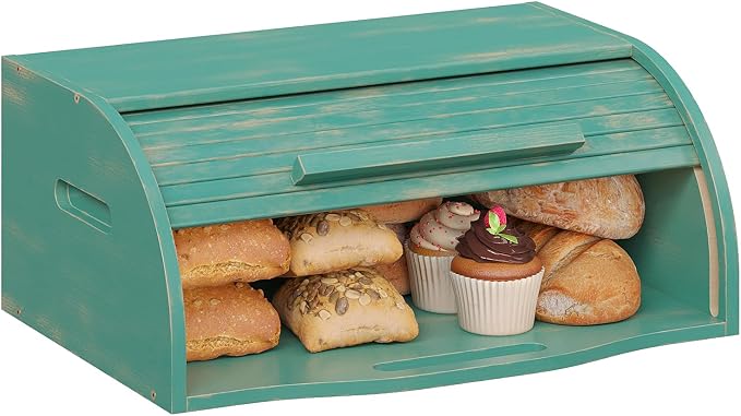 Trironsun Bamboo Roll Top Bread Box for Kitchen Countertop Large Capacity Bread Storage Bin Wooden Bread Storage Organizer Natural Breadbox for Food Storage (Antique Blue) by TrironsunHome