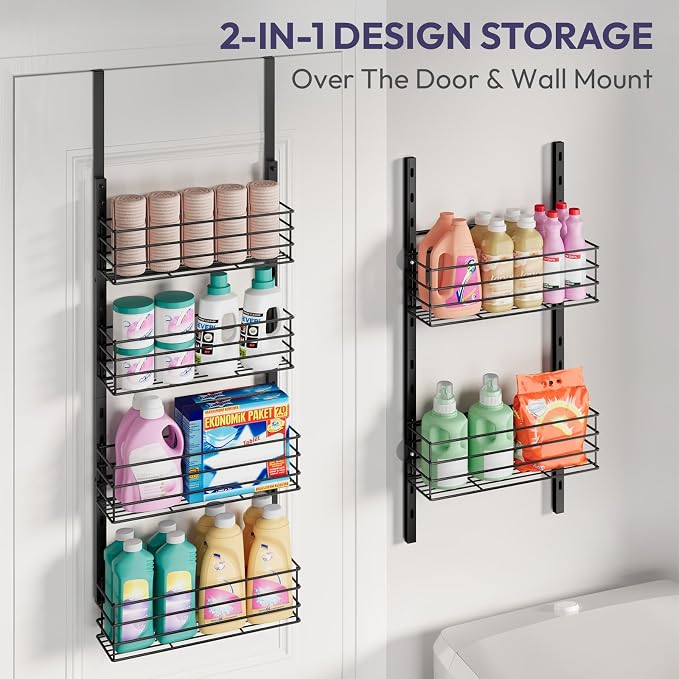 SWTYMIKI Over The Door Organizer - Door Organizer Hanging with 6 Adjustable Metal Large Capacity Basket, Wall Mounted Shelf for Bedroom Closet Bathroom Laundry Pantry Cabinet Kitchen(Black) - Image 5
