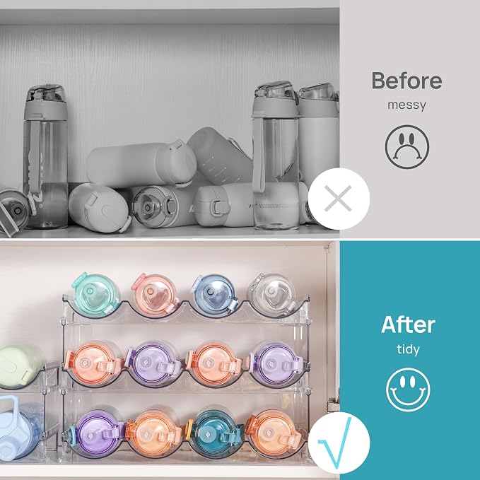 Vtopmart Stackable Water Bottle Organizer Holder, 3 Pack Clear Plastic Cup Storage Rack for Pantry Kitchen Cabinet Cupboard Countertop Organization and Storage, Hold 12 Bottles - Image 4
