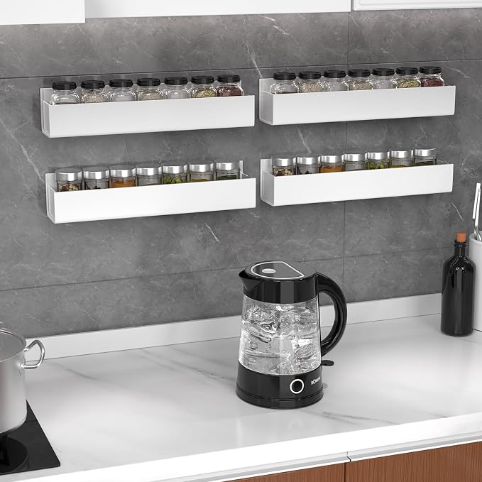 PMMASTO Adhesive Acrylic Spice Rack Organizer for Wall with Nano Double Sided Tape, Spice Shelf Organization for Kitchen Cabinet Door/Pantry Door, Wall Mount Seasoning Rack (White - 4 Pack) - Image 3