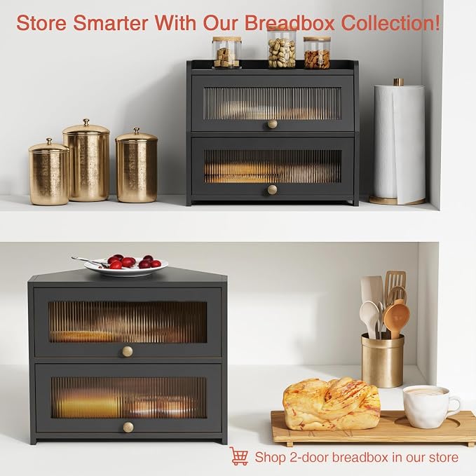 Goozii Corner Bread Box for Kitchen Countertop, Double Layer Large Breadbox for Counter Top, 2 Tier Roll Up Vintage Farmhouse Homemade Bread Storage Container Holder Keeper for Cabinet (Black) - Image 4