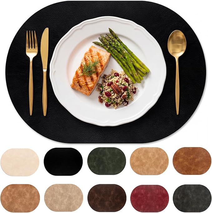Oval Placemats 2mm Ultra Thick Faux Leather Table Mats, Heat Resistant Waterproof Wipeable Dining Mats for Kitchen Table, Set of 6, Black by BIPASION