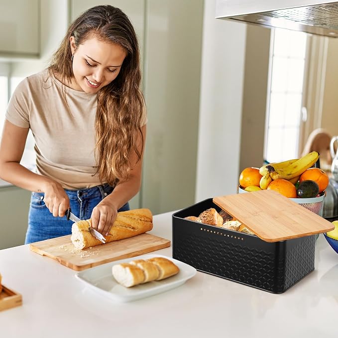 Bread Bin, Metal Bread Box with Bamboo Lid Usable as Cutting Board, Bread Storage Container Holder for Kitchen Countertop, 13 x 7 x 5.3 inch (Black) - Image 4