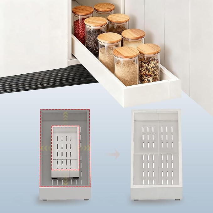 Fokyfok Pull out Cabinet Organizer,7"-11"W, 17"-24"D,Expandable,Adhesive | No Drill,Adjustable Slide out Drawers for Kitchen,Pantry,Roll out Shelves,for Cabinets Without Lip,Bathroom,White,1PC by Fokyfok