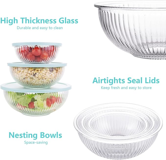 WhiteRhino Glass Mixing Bowls with Lids Set of 3(3.7QT, 2.1QT, 1.1QT),Large Kitchen Salad Bowls, Space-Saving Nesting Bowls, Clear Glass Serving Bowls for Cooking,Baking,Prepping,Dishwasher Safe - Image 3