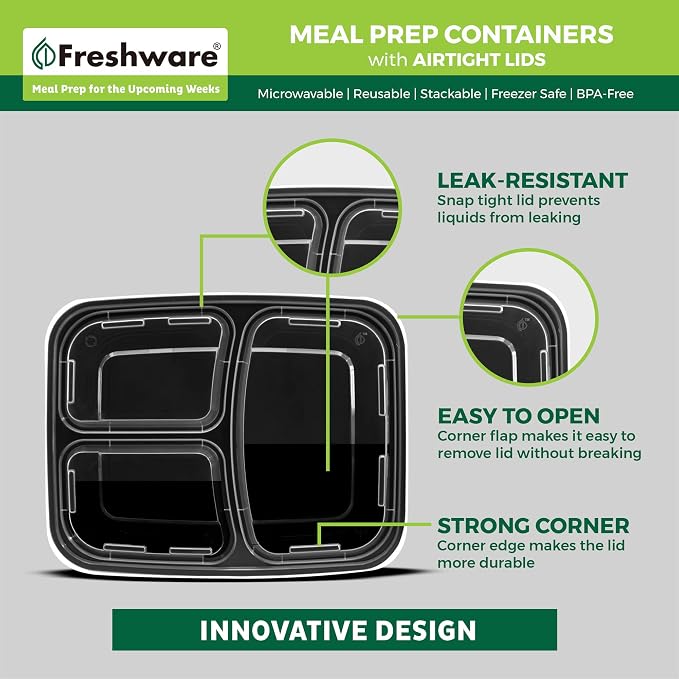 Freshware Meal Prep Containers [150 Pack] 3 Compartment with Lids, Food Storage Containers, Bento Box, BPA Free, Stackable, Microwave/Dishwasher/Freezer Safe (24 oz) - Image 5