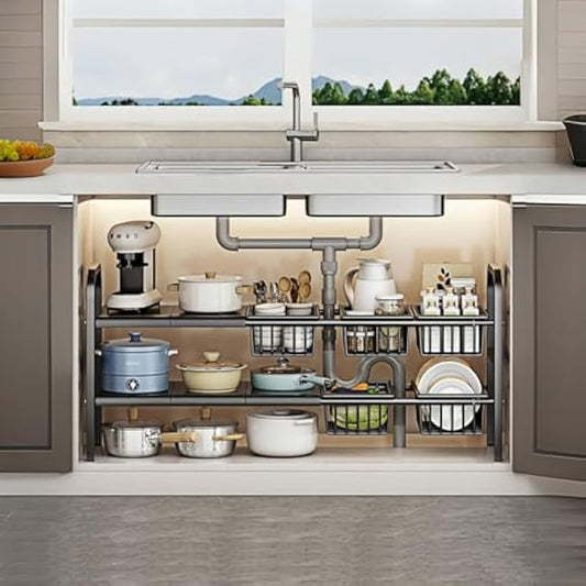Under Sink Organizer，2 Tier Expandable Heavy Duty Metal Shelf，with 5 Removable Panels and 5 Storage Basket for Under Kitchen Bathroom Sink Organizers and Storage(Black, Large) by Unknown