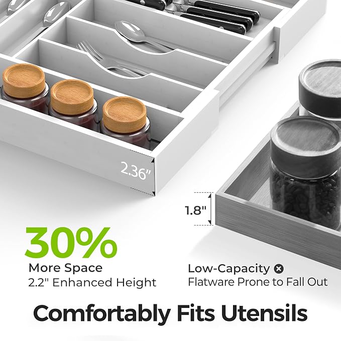 Bamboo Kitchen Drawer Organizer, Expandable Silverware Organizer with Removable Knife Block, 6-8 Slots- Utensil Holder & Cutlery Tray Drawer Dividers, 2.36" Deep for Extra Capacity, White - Image 4