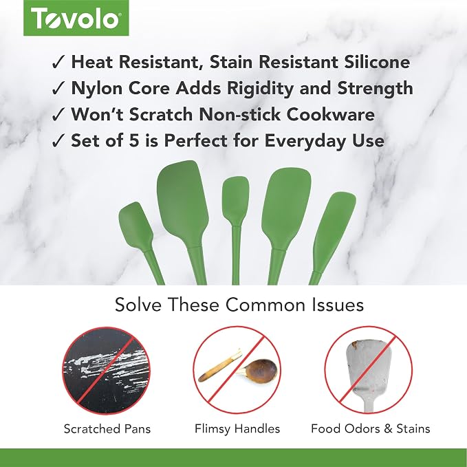 Tovolo Flex Core 5 Piece Silicone Spatula Set Heat Resistant All Silicone Utensils Include Non Stick Spatula Spoonula Jar Scraper, Dishwasher Safe BPA Free Spatulas for Baking Mixing, Pesto Green - Image 3