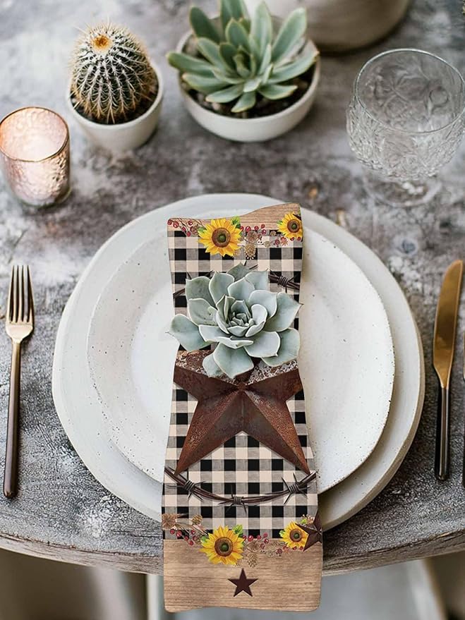 Farmhouse Western Star Cloth Napkins Washable Set of 6, 20 x 20 Inch Reusable Vintage Country Brown Plaid Dinner Table Napkins Cloth Bulk for Weddings Kitchen Restaurants Hotel Events Parties - Image 3