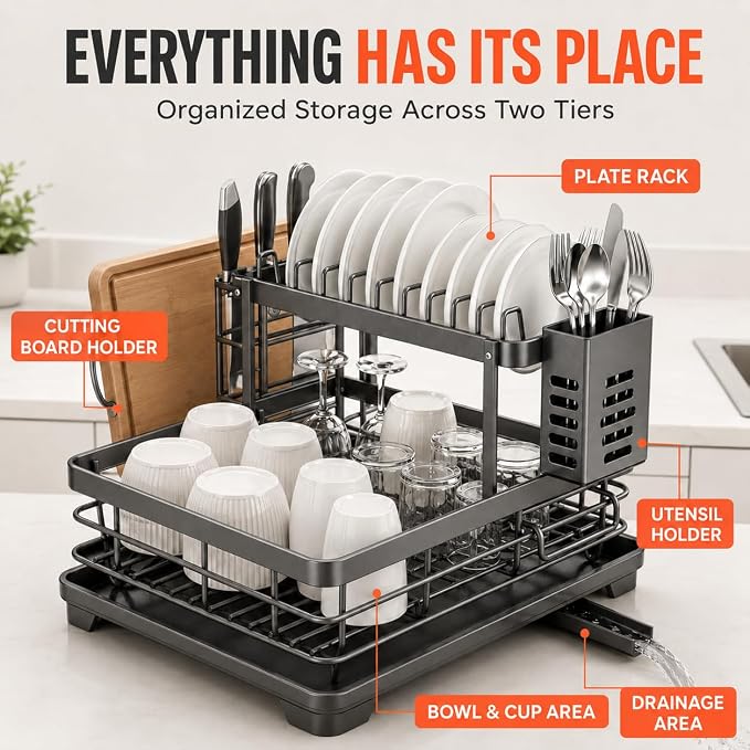 Large 2 Tier Dish Drying Rack for Kitchen Counter, Carbon Steel Dish Drainer with Drainboard and 360° Swivel Spout, Utensil, Knife and Cutting Board Holders, No Assembly Required, Grey - Image 5