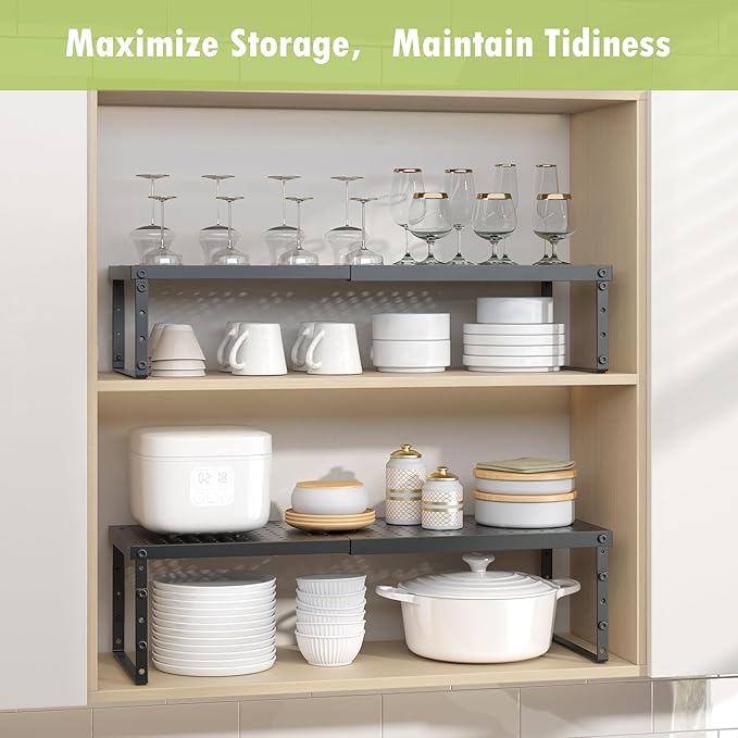 RUILALIFE Expandable Cabinet Organizer Shelf With Adjustable Height, Stackable Kitchen Countertop Organizer Rack, Adjustable Shelf Riser For Kitchen Counter, Pantry, Cupboard, Desk, Tabletop - Image 7