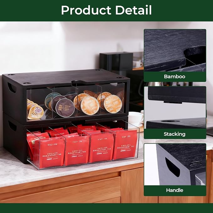 Bamboo Stackable Tea Bag Organizer - 2-Piece Large Capacity Box Set | 2-piece stackable tea box set with large capacity. Eco-friendly bamboo organizers to neatly store tea bags and sugar packets - Image 9