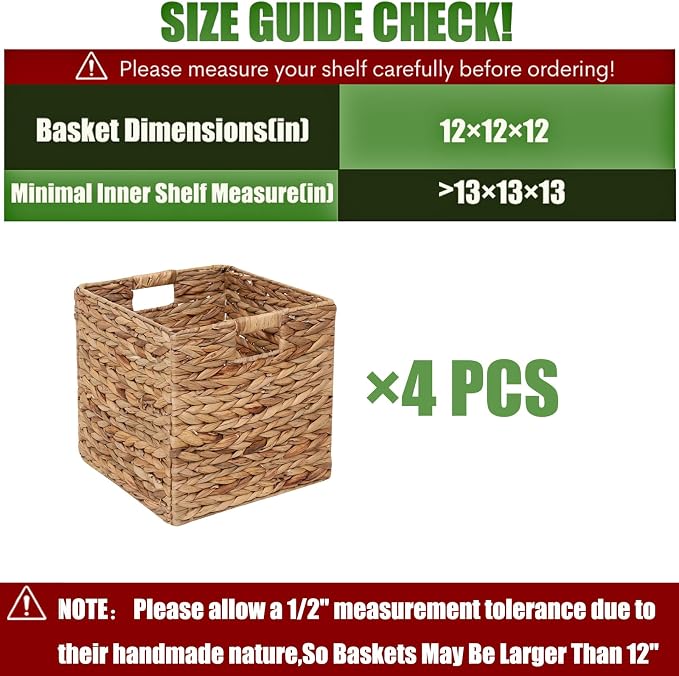 12x12in Storage Baskets 4 Pcs Water Hyacinth Baskets,Foldable Handwoven Storage Cubes - Image 2